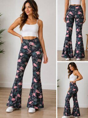 Leggings Depot Flamingo Print Flare Yoga Pants Bell Bottom Size Large NWT